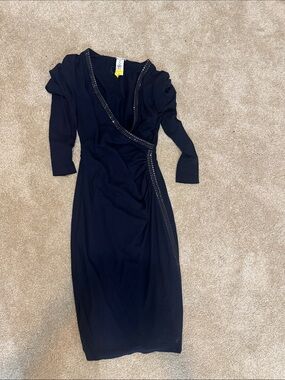 Cache Navy Long-Sleeve Wrap Midi Dress with Beaded Trim